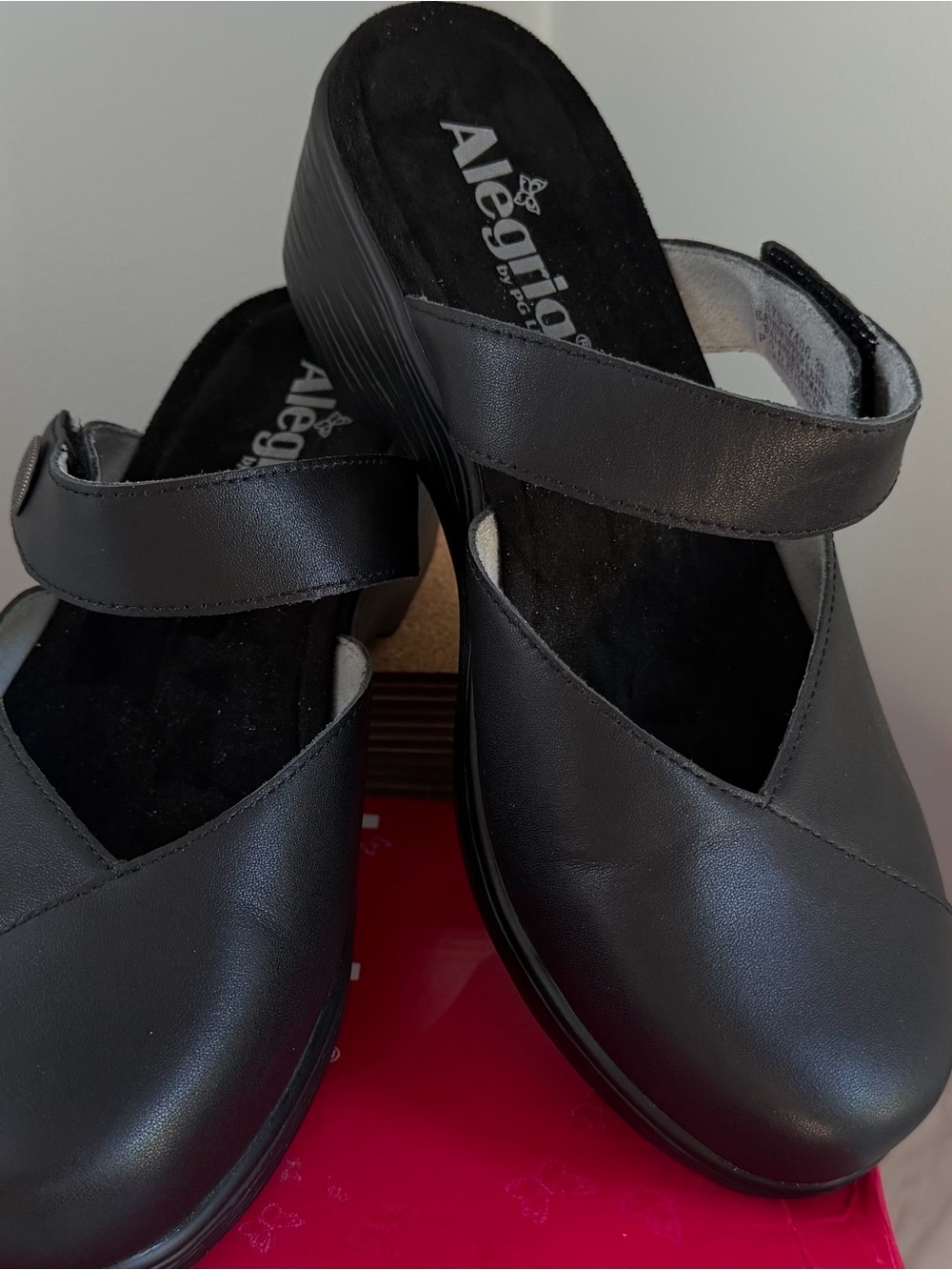 Alegria Black Leather Slip-On Mule with Adjustable Strap EU38 US 7